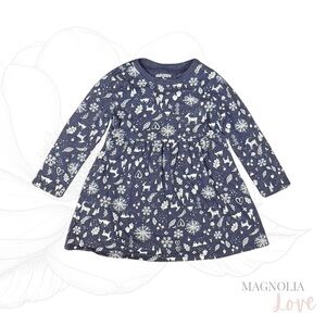 ❄️ Old Navy Navy Blue Long Sleeve Dress w/ White Woodland Winter Pattern 2T